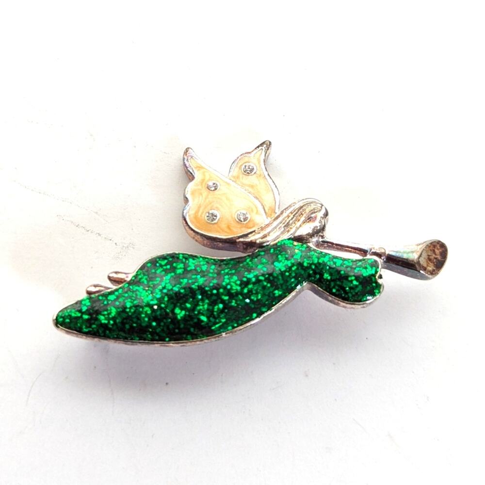 Vintage Silver Tone Green Sparkly Enamel Christmas Holiday Angel Trumpet Brooch